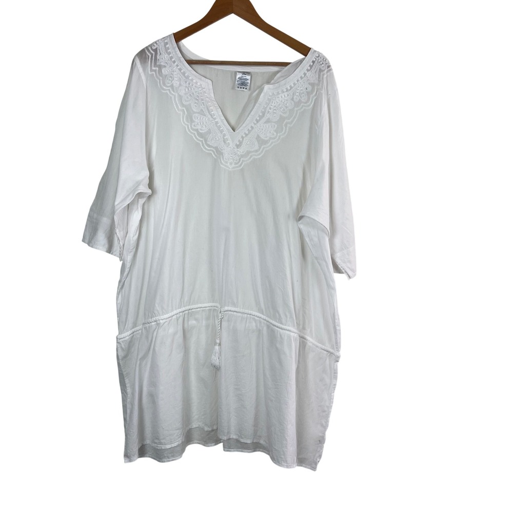Lands End Womens 2X White Cotton Embroidered V-Neck Tunic Swim Coverup Plus Size